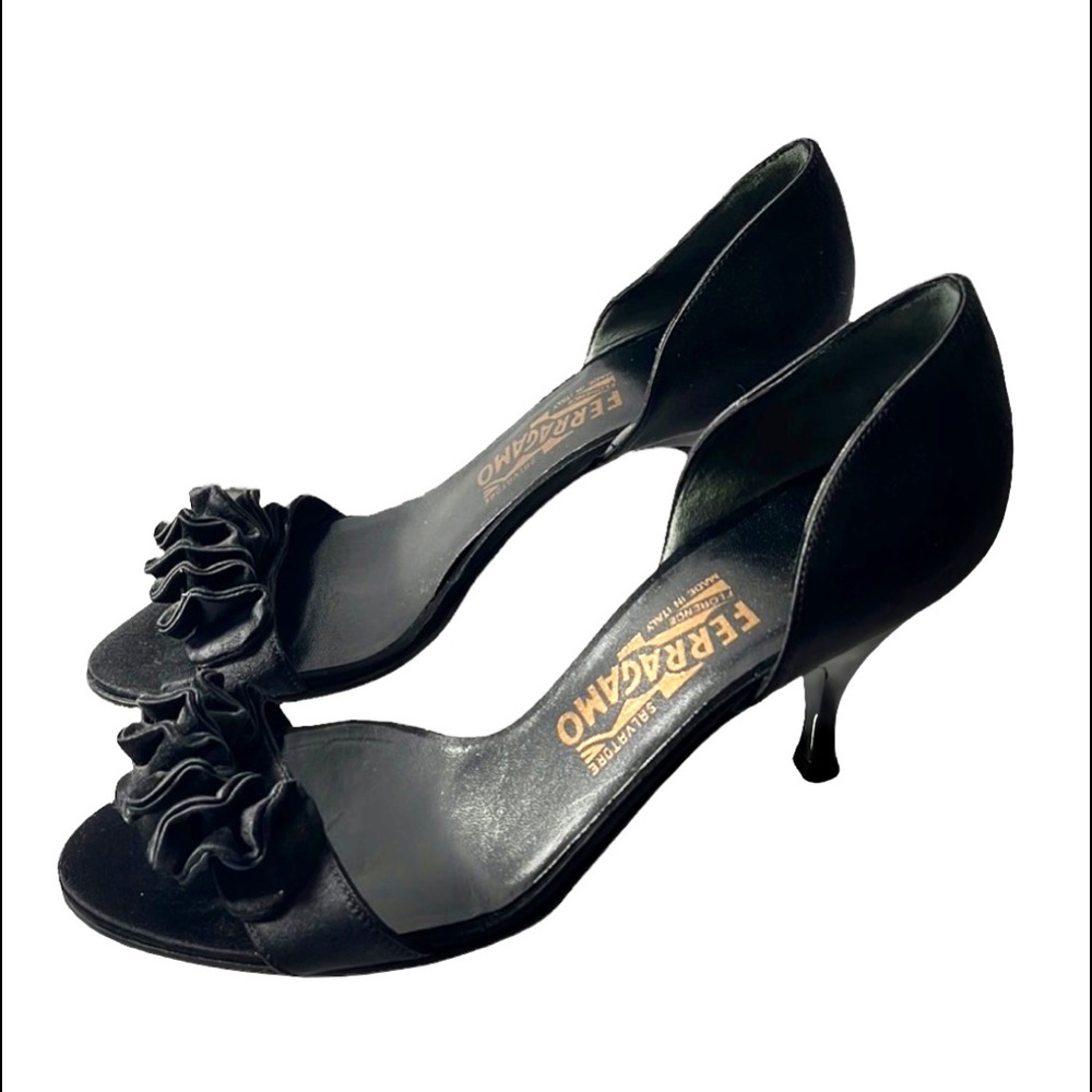 Salvatore Ferragamo 'D'Orsay' Black Satin Ruffle Heels, size 6.5